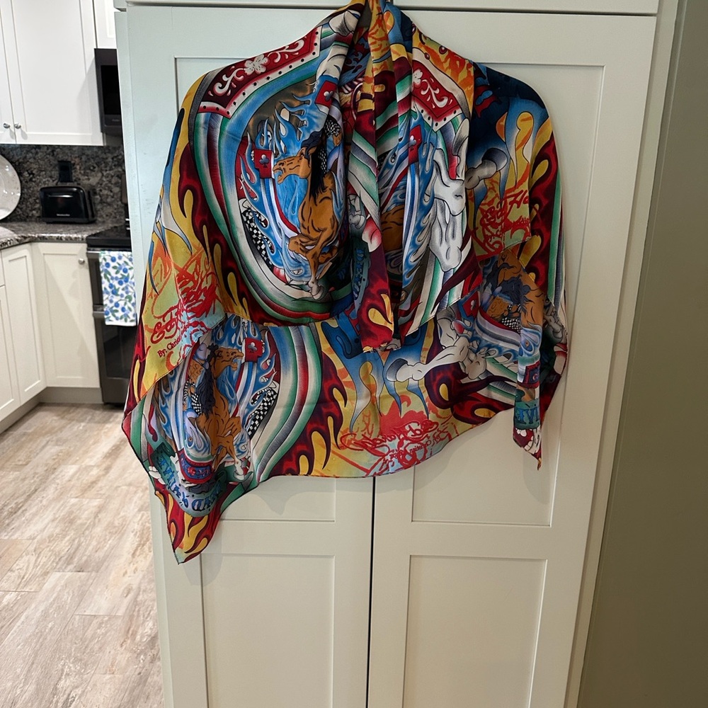 Ed Hardy Multicolor Graphic Silk Scarf